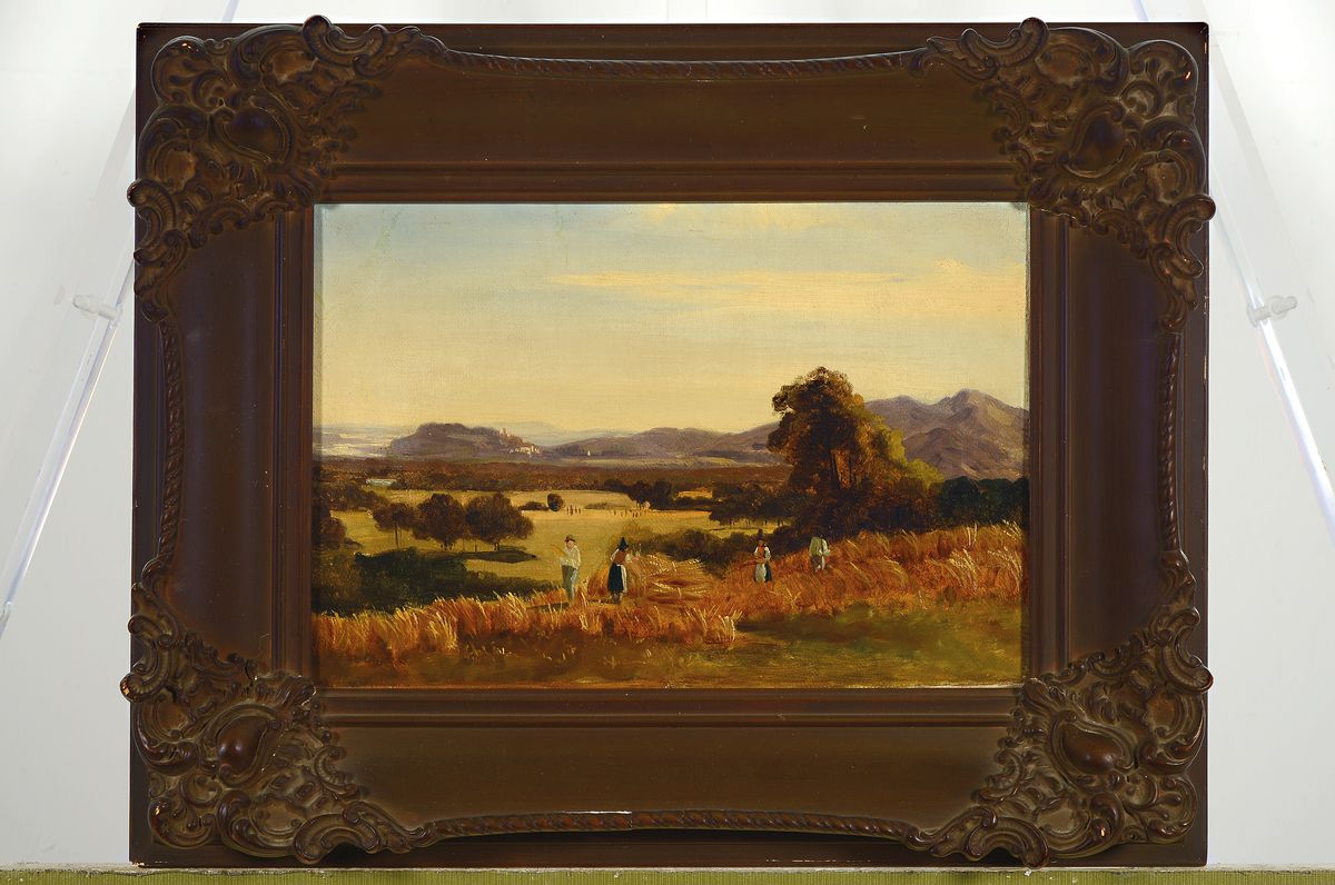 Detail k: Unbekannter Künstler des 19. Jh., Heuernteszene, Öl/Lwd, rest., doubliert, ca. 23x33cm, R. ca. 36x46cm