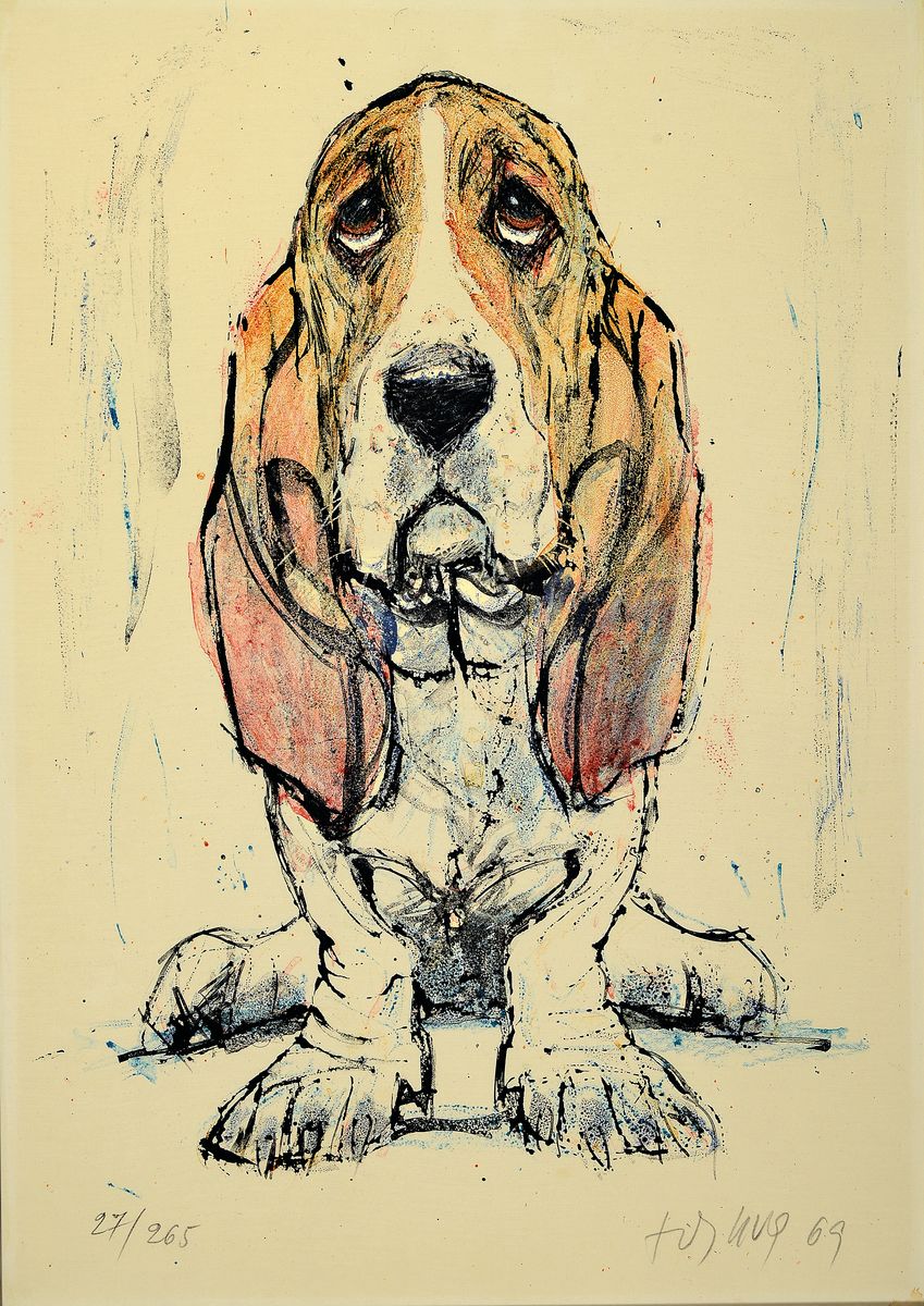 Detail b: Fritz Rudolf Hug, 1921 Dornach-1989 Speicherschwendi, 2 Farblithographien: Basset-Hund, sign. und dat. 69, num. 27/265, ca. 52x37cm, La paix chez les ...