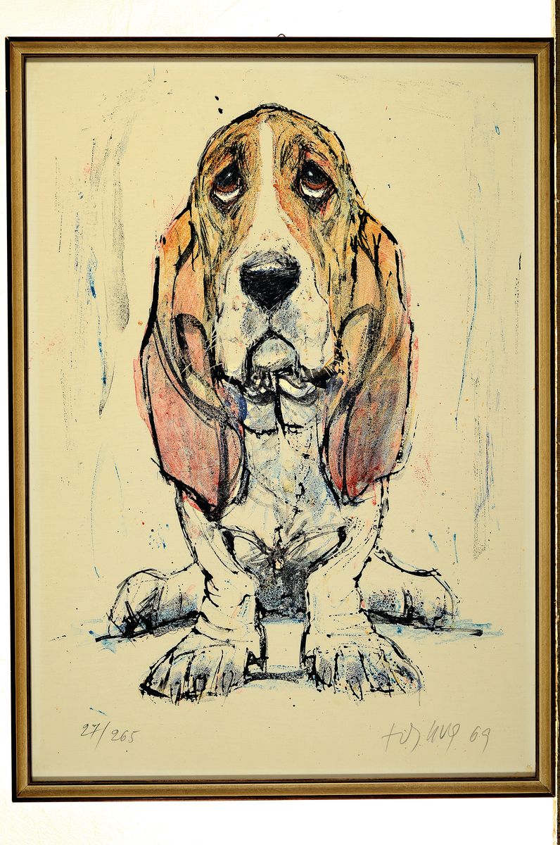 Detail m: Fritz Rudolf Hug, 1921 Dornach-1989 Speicherschwendi, 2 Farblithographien: Basset-Hund, sign. und dat. 69, num. 27/265, ca. 52x37cm, La paix chez les ...