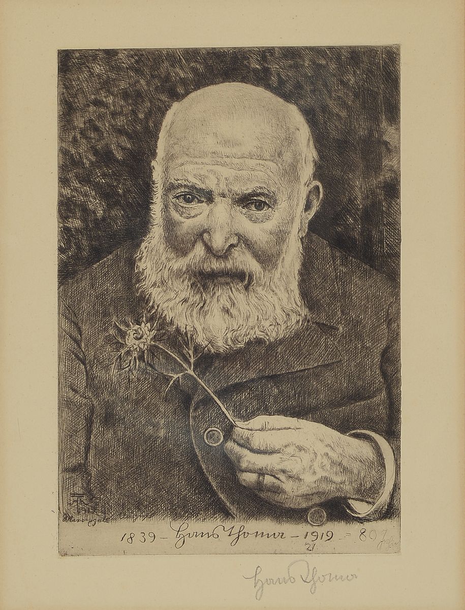 Hans Thoma, 1839 Bernau-1924 Karlsruhe, Selbstbildnis VI mit Blume von 1919, Radierung zum 80. Geburtstag, handsigniert, ca. 24x16.5cm, PP, u.Gl., R. ...
