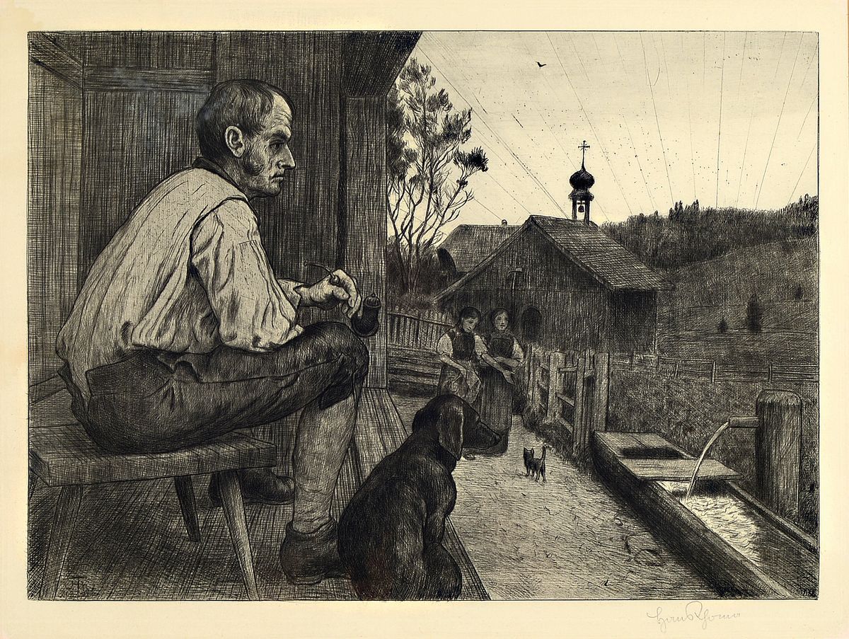 Hans Thoma, 1839 Bernau-1924 Karlsruhe, Feierabend, Radierung vom 1901, rechts unten signiert, ca. 32x44cm, PP, u.Gl., R. ca. 62x72cm, R.