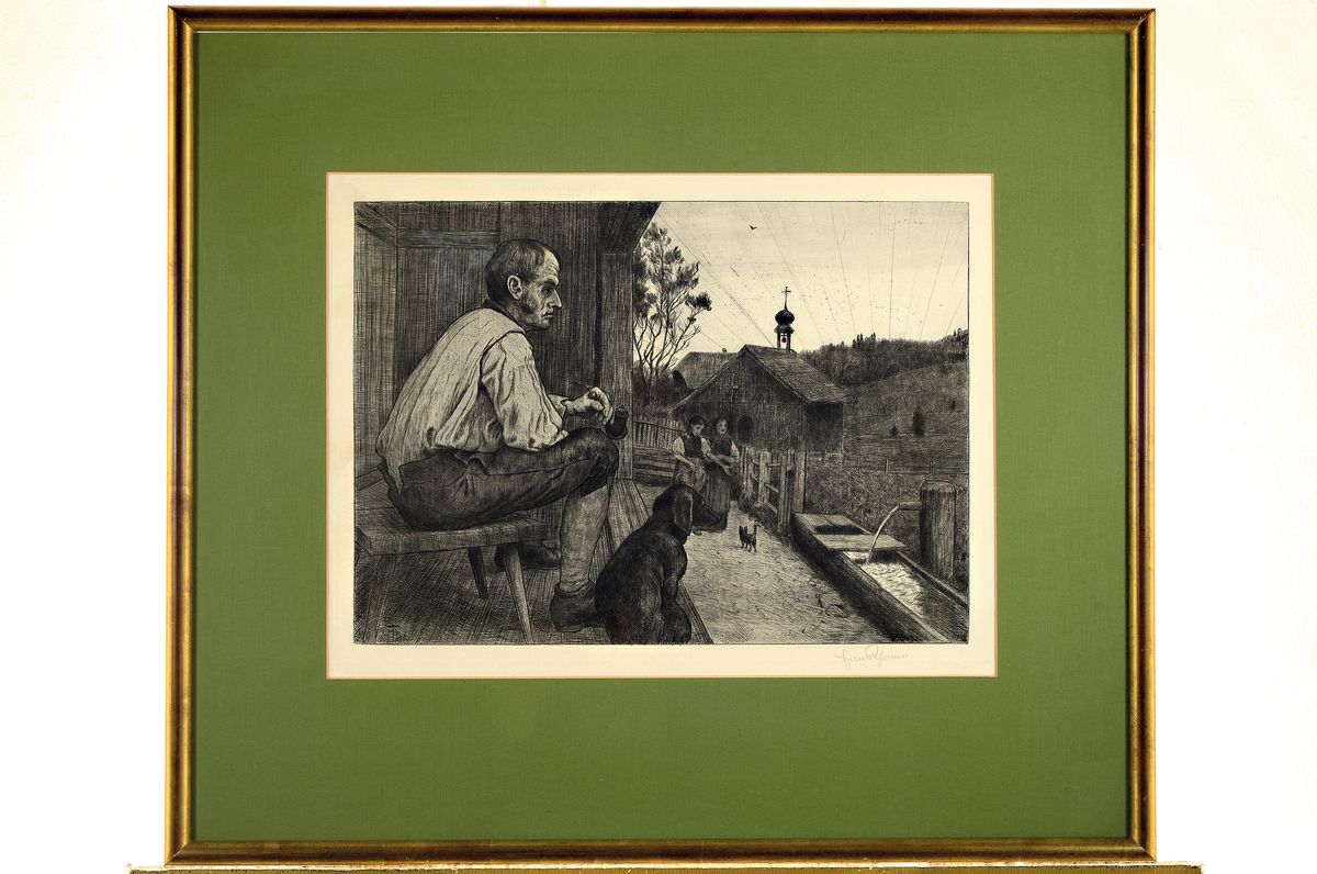 Detail k: Hans Thoma, 1839 Bernau-1924 Karlsruhe, Feierabend, Radierung vom 1901, rechts unten signiert, ca. 32x44cm, PP, u.Gl., R. ca. 62x72cm, R.