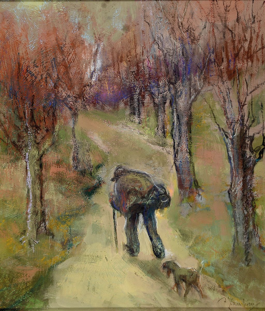 Adelina Zandrino, 1893-1994 Genua, Mann mit Hund wandert in einer Allee, Pastell auf Papier, rechts unten signiert, ca. 44x37cm, PP, u.Gl., R. ca. ...