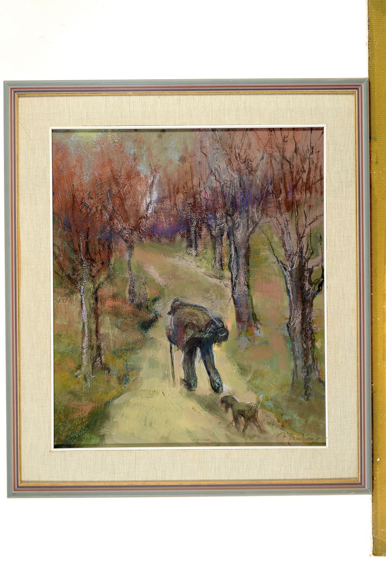 Detail k: Adelina Zandrino, 1893-1994 Genua, Mann mit Hund wandert in einer Allee, Pastell auf Papier, rechts unten signiert, ca. 44x37cm, PP, u.Gl., R. ca. ...