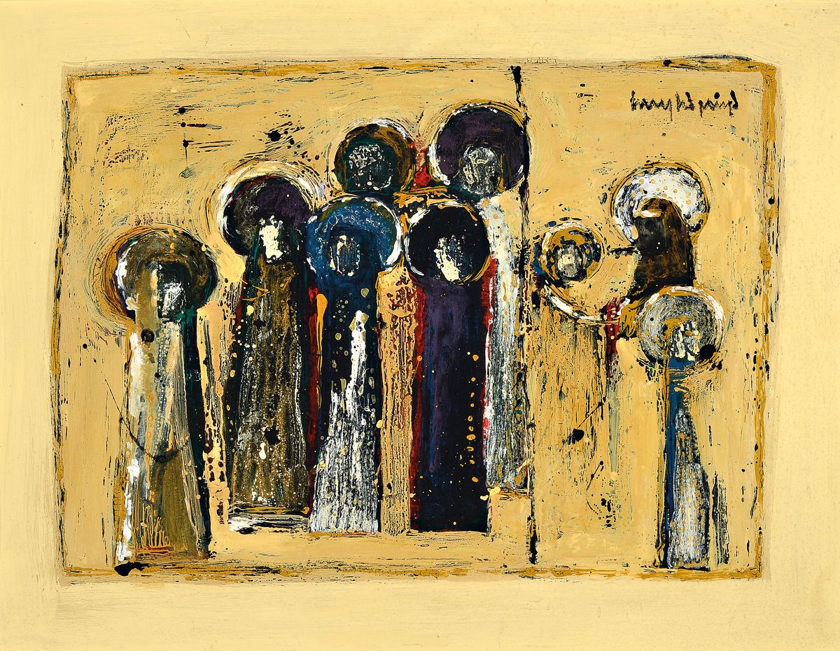 Walter Knobelspieß, geb. 1936 Konstanz, "Am Wendepunkt", Figurenkomposition, Öl/Malkarton,signiert, verso datiert 1987, Rahmen, 52x70 cm