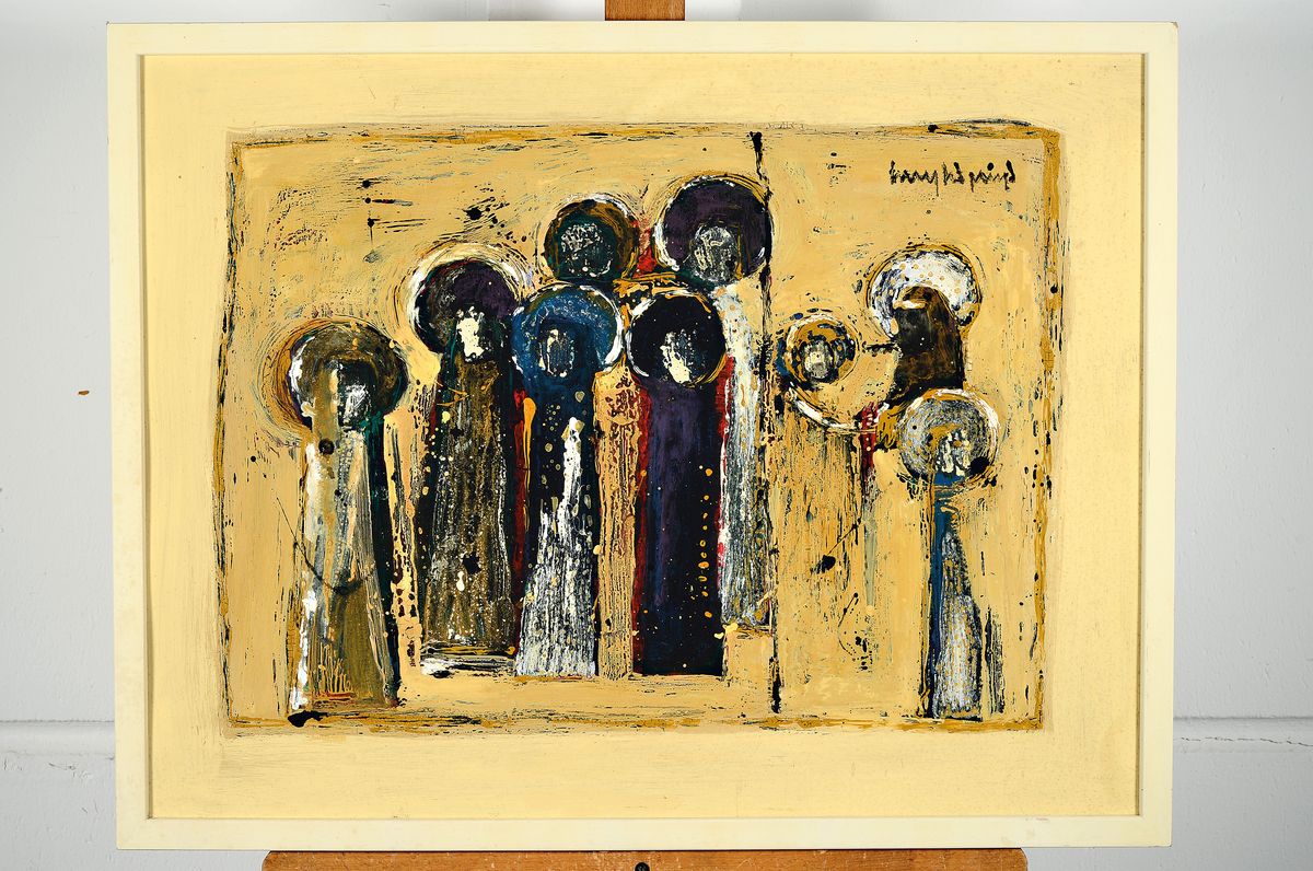 Detail k: Walter Knobelspieß, geb. 1936 Konstanz, "Am Wendepunkt", Figurenkomposition, Öl/Malkarton,signiert, verso datiert 1987, Rahmen, 52x70 cm