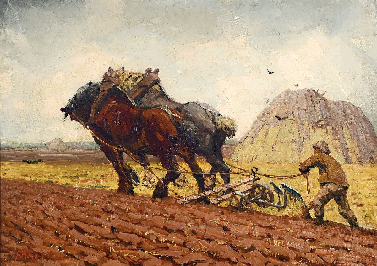 Adriaan Herman Gouwe, 1875 Alkmaar - 1965 Papeete/Tahiti, Studium an der Rijksakademie Amsterdam, Pflügender Bauer vor Kornmiete, pastoser ...