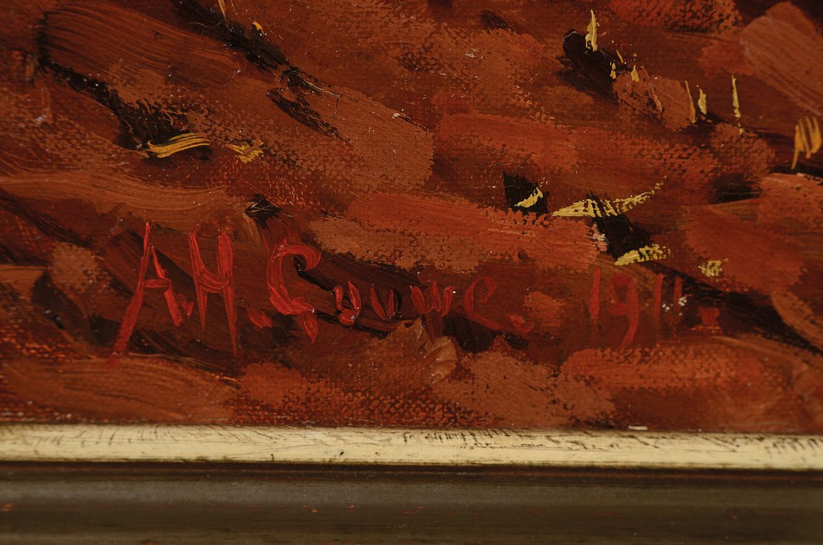 Detail a: Adriaan Herman Gouwe, 1875 Alkmaar - 1965 Papeete/Tahiti, Studium an der Rijksakademie Amsterdam, Pflügender Bauer vor Kornmiete, pastoser ...