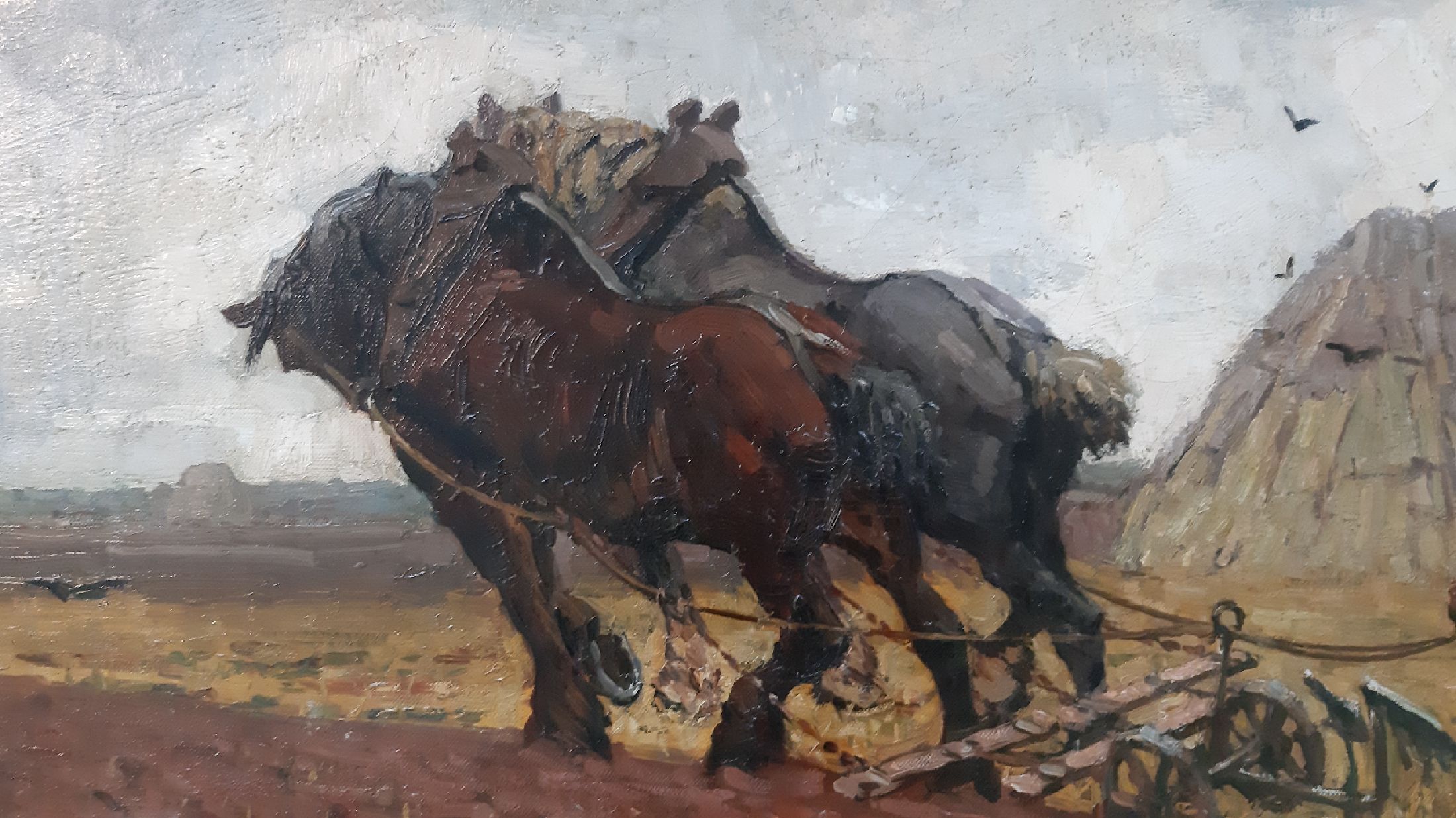 Detail d: Adriaan Herman Gouwe, 1875 Alkmaar - 1965 Papeete/Tahiti, Studium an der Rijksakademie Amsterdam, Pflügender Bauer vor Kornmiete, pastoser ...