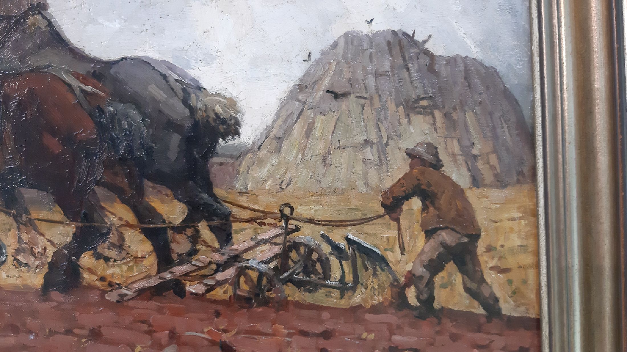 Detail e: Adriaan Herman Gouwe, 1875 Alkmaar - 1965 Papeete/Tahiti, Studium an der Rijksakademie Amsterdam, Pflügender Bauer vor Kornmiete, pastoser ...