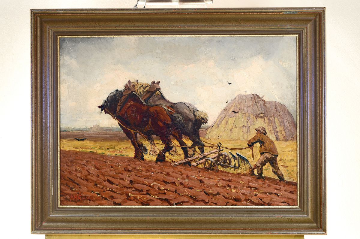 Detail k: Adriaan Herman Gouwe, 1875 Alkmaar - 1965 Papeete/Tahiti, Studium an der Rijksakademie Amsterdam, Pflügender Bauer vor Kornmiete, pastoser ...