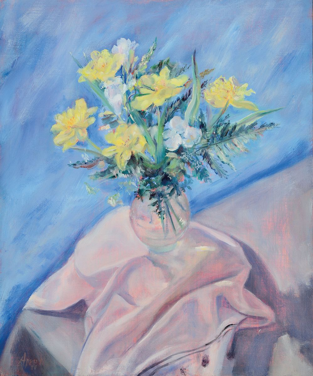 Anna Karpowicz-Westner, geb. 1951, zeitgen. polnische Künstlerin, Stillleben mit Frühlingsblumen in Glasvase, Öl/Lwd, links unten signiert, ca. ...