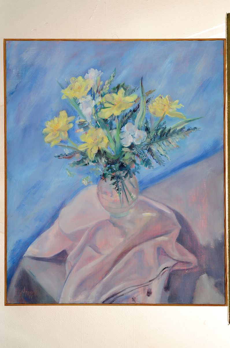 Detail k: Anna Karpowicz-Westner, geb. 1951, zeitgen. polnische Künstlerin, Stillleben mit Frühlingsblumen in Glasvase, Öl/Lwd, links unten signiert, ca. ...