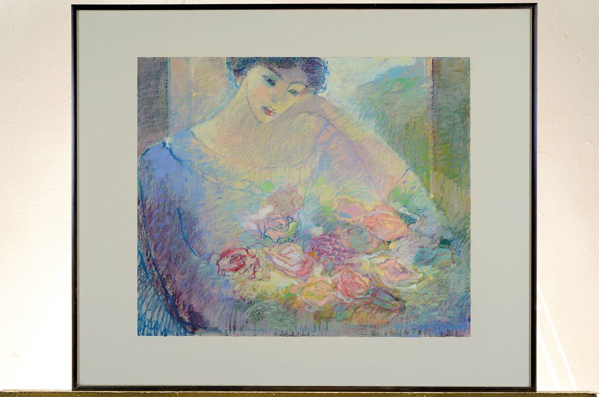 Detail k: Anna Karpowicz-Westner, geb. 1951, zeitgen. polnische Künstlerin, Frau mit Blumenbukett, Pastell auf Papier, rechts unten signiert, ca. 36x43cm, ...