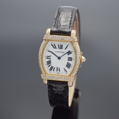 Image 26456441 - CARTIER 18k yellow gold and diamonds set ladies wristwatch Tortue Chinoise reference 2306, quartz, tonneau-shaped, two-piece construction case including original leather strap with original 18k yellow/pink gold deployant clasp, case back 8 times screwed down, silvered structured dial with Roman hours, blued steel hands, display of hours & minutes, measures approx. 34 x 26 mm, condition 2