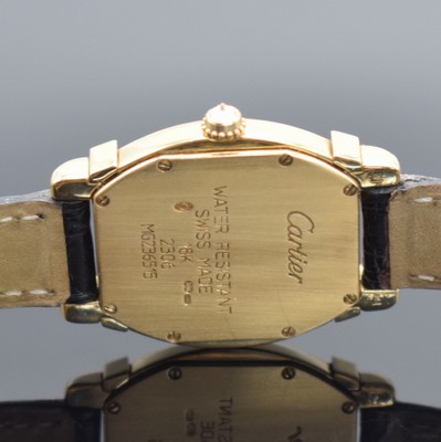 26456441c - CARTIER 18k yellow gold and diamonds set ladies wristwatch Tortue Chinoise reference 2306, quartz, tonneau-shaped, two-piece construction case including original leather strap with original 18k yellow/pink gold deployant clasp, case back 8 times screwed down, silvered structured dial with Roman hours, blued steel hands, display of hours & minutes, measures approx. 34 x 26 mm, condition 2