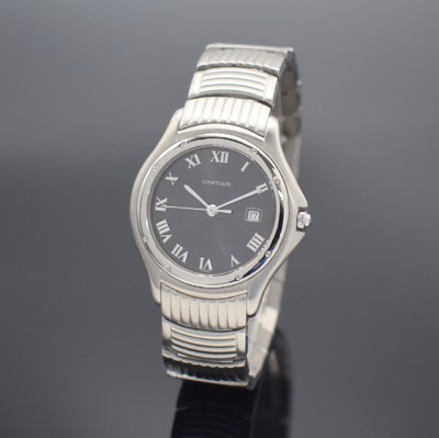 Image CARTIER wristwatch Panthére de Cougar reference 12000R, quartz, stainless steel case including bracelet with butterfly buckle, back with 8 screws, silver grey dial with applied Roman hours, display of hours, minutes, sweep seconds & date, diameter approx. 32 mm, length approx. 18,5 cm, condition 2