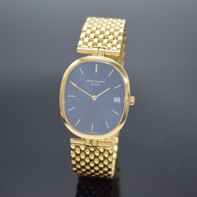 26456469a - PATEK PHILIPPE 18k yellow gold wristwatch Ellipse reference 3930/1, quartz, two-piece construction case including bracelet, blue "Sigma" dial with raised gold-indices, display of hours, minutes & date, measures approx. 34 x 29 mm, length approx. 18,5 cm, PPC extract of the archives from November 2021 enclosed, condition 2