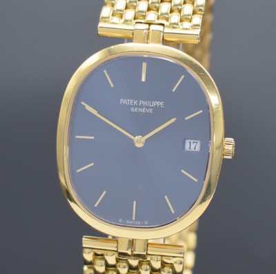 26456469b - PATEK PHILIPPE 18k yellow gold wristwatch Ellipse reference 3930/1, quartz, two-piece construction case including bracelet, blue "Sigma" dial with raised gold-indices, display of hours, minutes & date, measures approx. 34 x 29 mm, length approx. 18,5 cm, PPC extract of the archives from November 2021 enclosed, condition 2