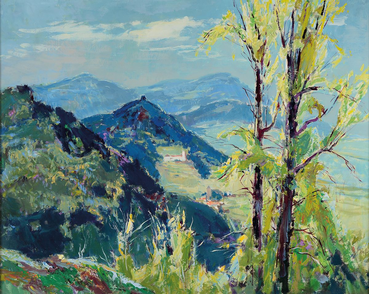 Karl Graf, 1902-1986 Speyer, Blick auf Neukastel und den Slevogt-Hof, Gouache auf Papier, rückseitig datiert 1964, ca. 66x82cm, u.Gl., R.