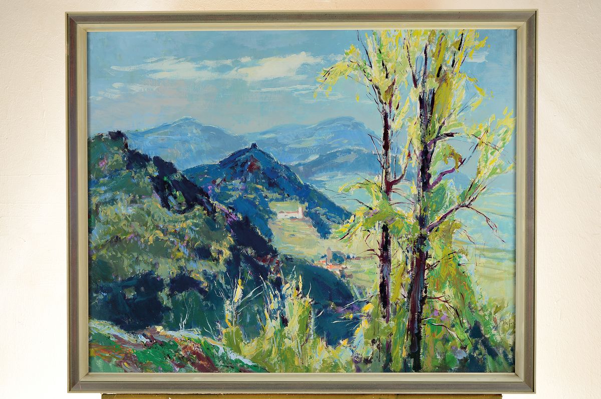 Detail k: Karl Graf, 1902-1986 Speyer, Blick auf Neukastel und den Slevogt-Hof, Gouache auf Papier, rückseitig datiert 1964, ca. 66x82cm, u.Gl., R.
