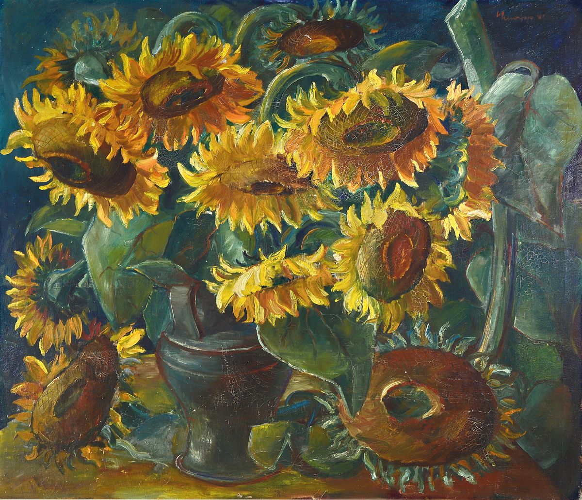 W. Knapp, datiert (19)42, Großes Stillleben mit Sonnenblumen, Öl/Lwd, rechts oben signiert und dat., ca. 91x107cm, R. ca. 105x121cm