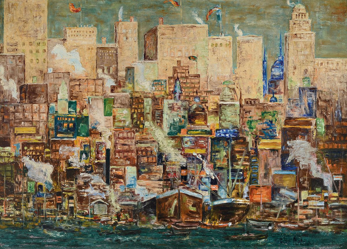 Karlheinz Merkel, Blick auf einen Hafen und die Stadt, Öl/Malkarton, rechts unten signiert, ca. 70x98cm, R. ca. 77x105cm