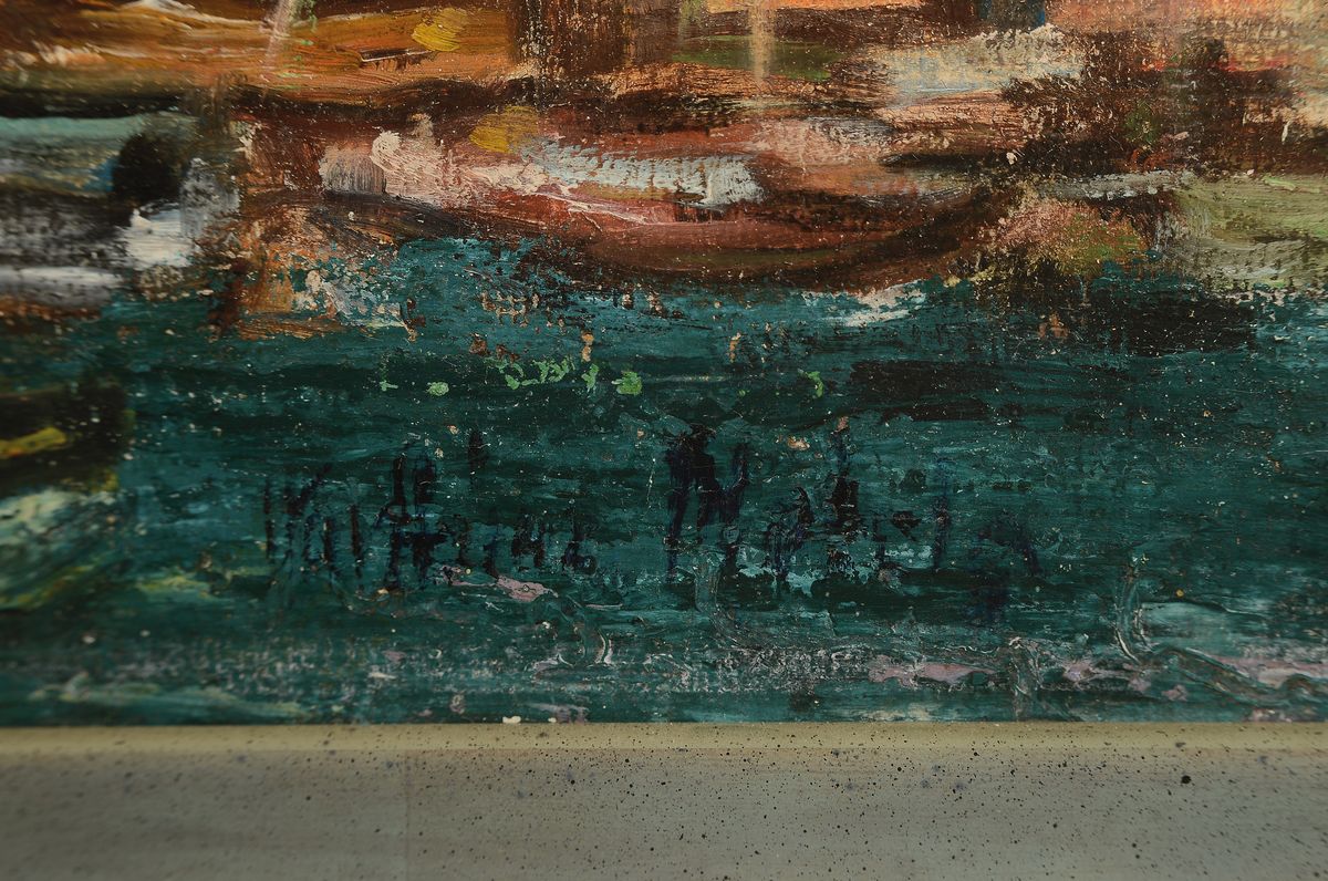 Detail a: Karlheinz Merkel, Blick auf einen Hafen und die Stadt, Öl/Malkarton, rechts unten signiert, ca. 70x98cm, R. ca. 77x105cm