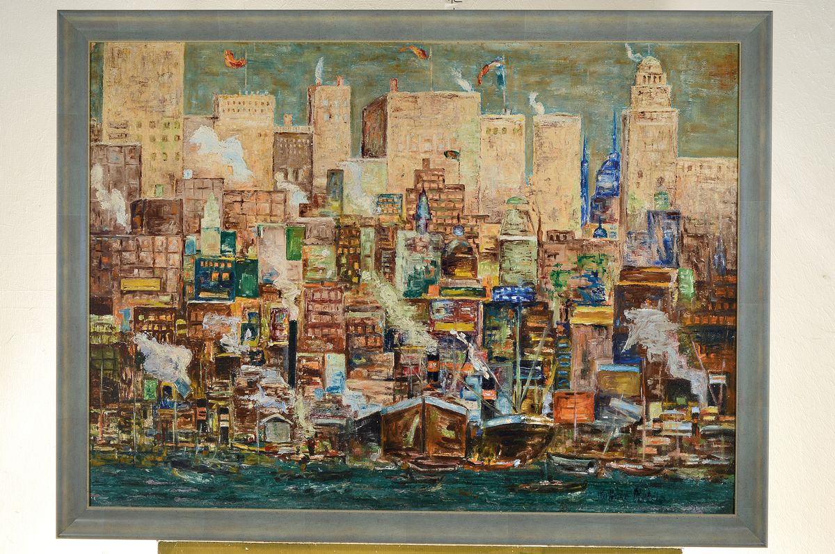 Detail k: Karlheinz Merkel, Blick auf einen Hafen und die Stadt, Öl/Malkarton, rechts unten signiert, ca. 70x98cm, R. ca. 77x105cm