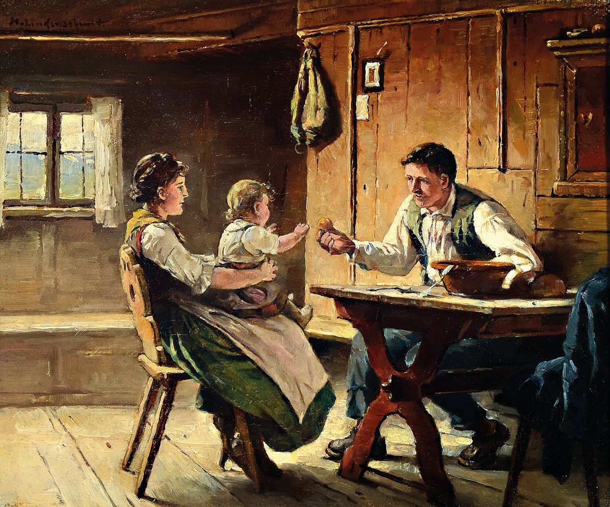 Hermann Lindenschmit, 1857 Frankfurt a.M.-1939 München, Junge Bauernfamilie in der Stube, Öl/Lwd, links oben signiert, ca. 30x36cm, R. 37x43cm