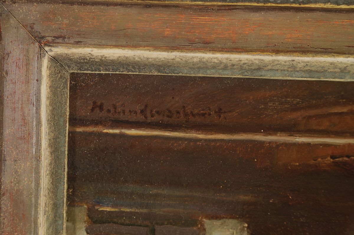 Detail a: Hermann Lindenschmit, 1857 Frankfurt a.M.-1939 München, Junge Bauernfamilie in der Stube, Öl/Lwd, links oben signiert, ca. 30x36cm, R. 37x43cm