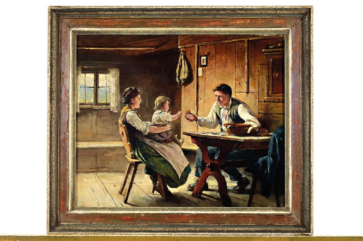 Detail k: Hermann Lindenschmit, 1857 Frankfurt a.M.-1939 München, Junge Bauernfamilie in der Stube, Öl/Lwd, links oben signiert, ca. 30x36cm, R. 37x43cm