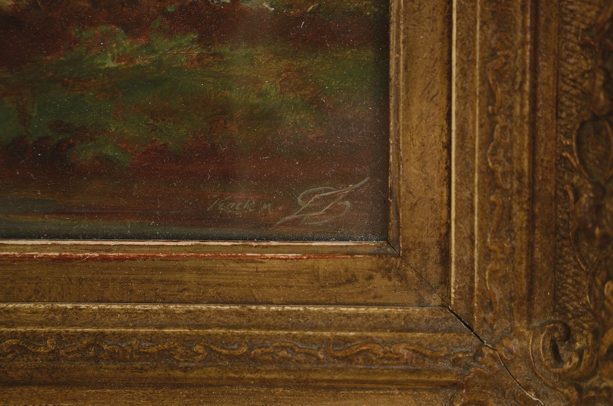 Detail a: Keck, Münchner Maler des 19. Jh., Landschaft mit weidenden Kühen, Öl/Holz, rechts unten signiert: Keck nach Spitzweg, ca. 13x29cm, R. ca. 29x45cm