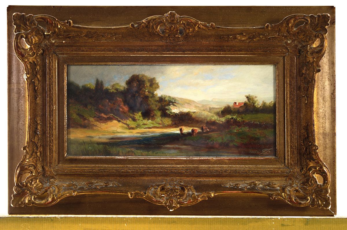 Detail k: Keck, Münchner Maler des 19. Jh., Landschaft mit weidenden Kühen, Öl/Holz, rechts unten signiert: Keck nach Spitzweg, ca. 13x29cm, R. ca. 29x45cm