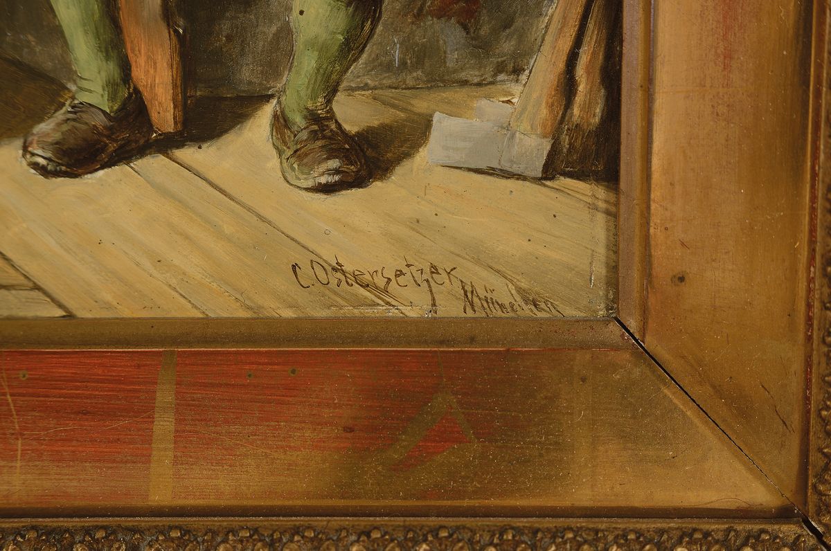 Detail a: Carl Ostersetzer, 1865 Brody - 1914 Wien, zwei Genres, Bauerninterieurs, je verso bezeichnet "Im Zeichen der Liebe" und "Ihr ...