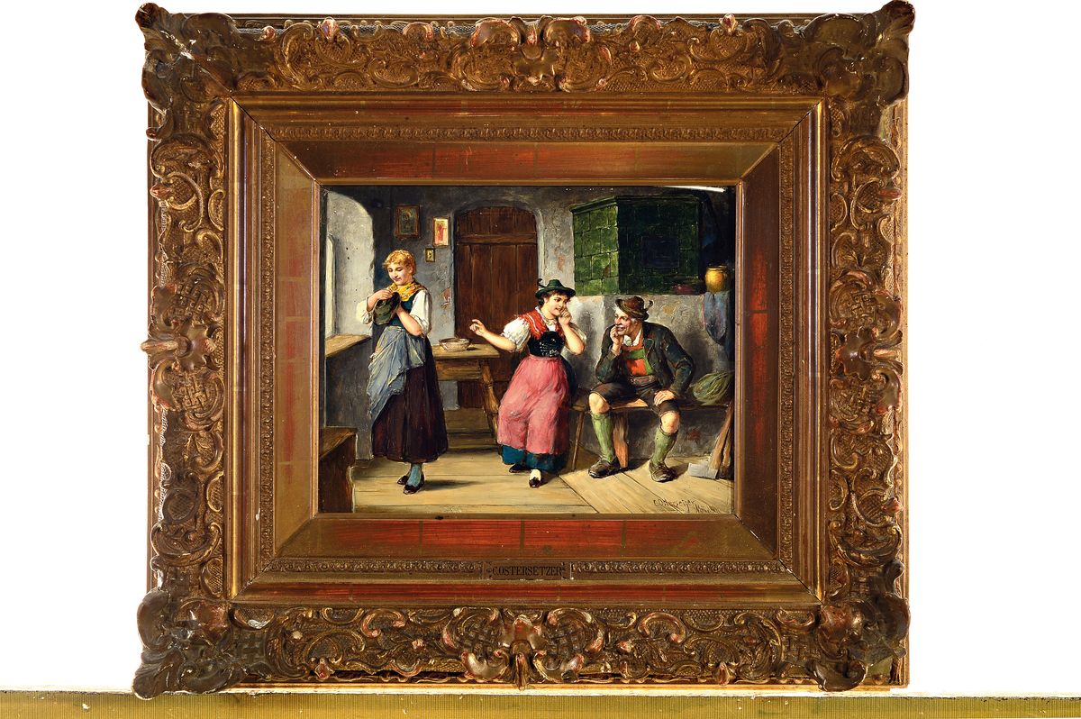 Detail k: Carl Ostersetzer, 1865 Brody - 1914 Wien, zwei Genres, Bauerninterieurs, je verso bezeichnet "Im Zeichen der Liebe" und "Ihr ...