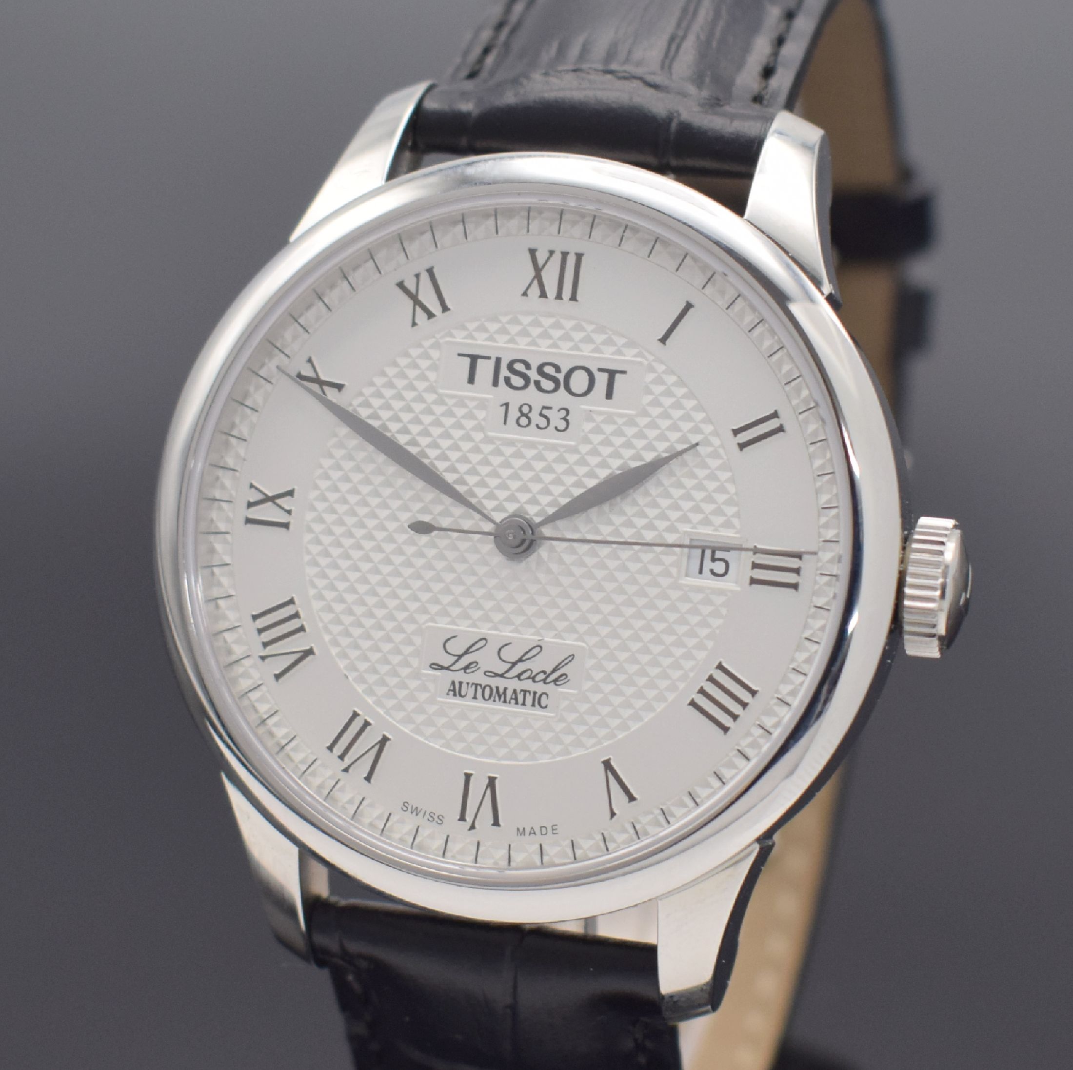 Detail a: TISSOT Le Locle Herrenarmbanduhr in Stahl Referenz L164/264-1, Automatik, Schweiz um 2010, 3-teil. Geh., Boden & Glasrand aufgedr., orig. Lederband ...