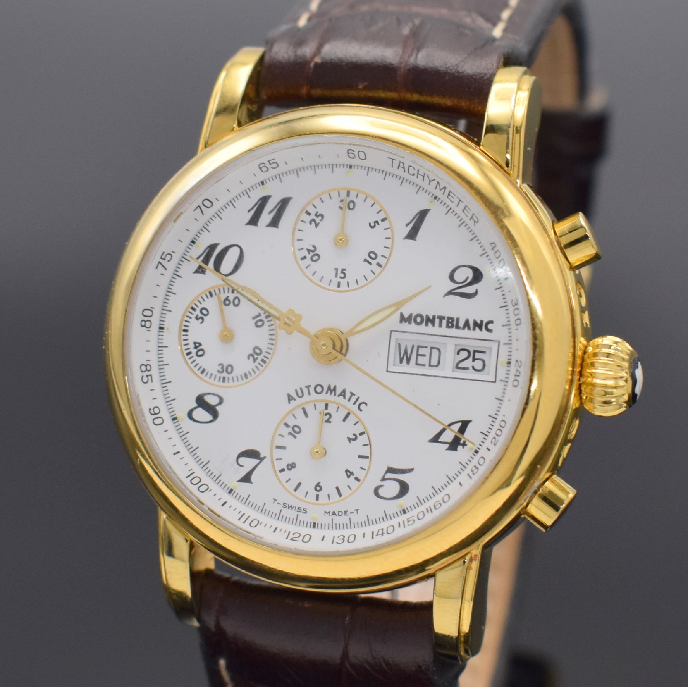 Detail a: MONTBLANC Automatikchronograph Meisterstück Referenz 7001, Schweiz um 2005, verg. Edelstahlgeh. beids. vergl., Boden & Glasrand aufgedr., emailfarb. ...