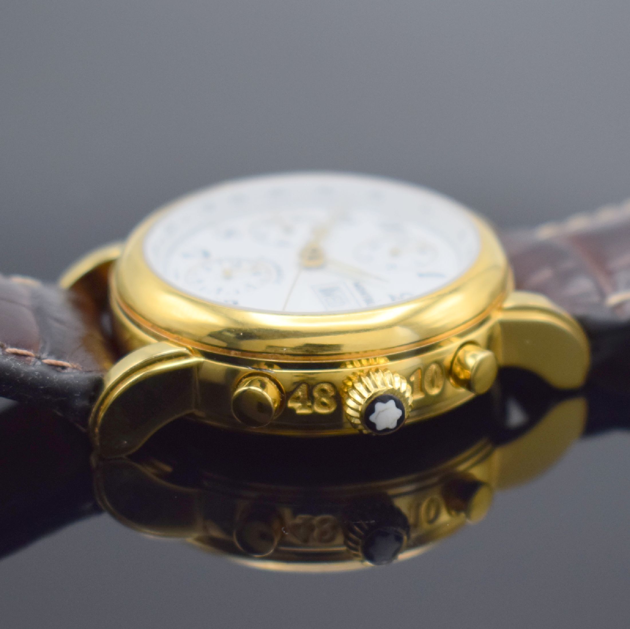 Detail b: MONTBLANC Automatikchronograph Meisterstück Referenz 7001, Schweiz um 2005, verg. Edelstahlgeh. beids. vergl., Boden & Glasrand aufgedr., emailfarb. ...
