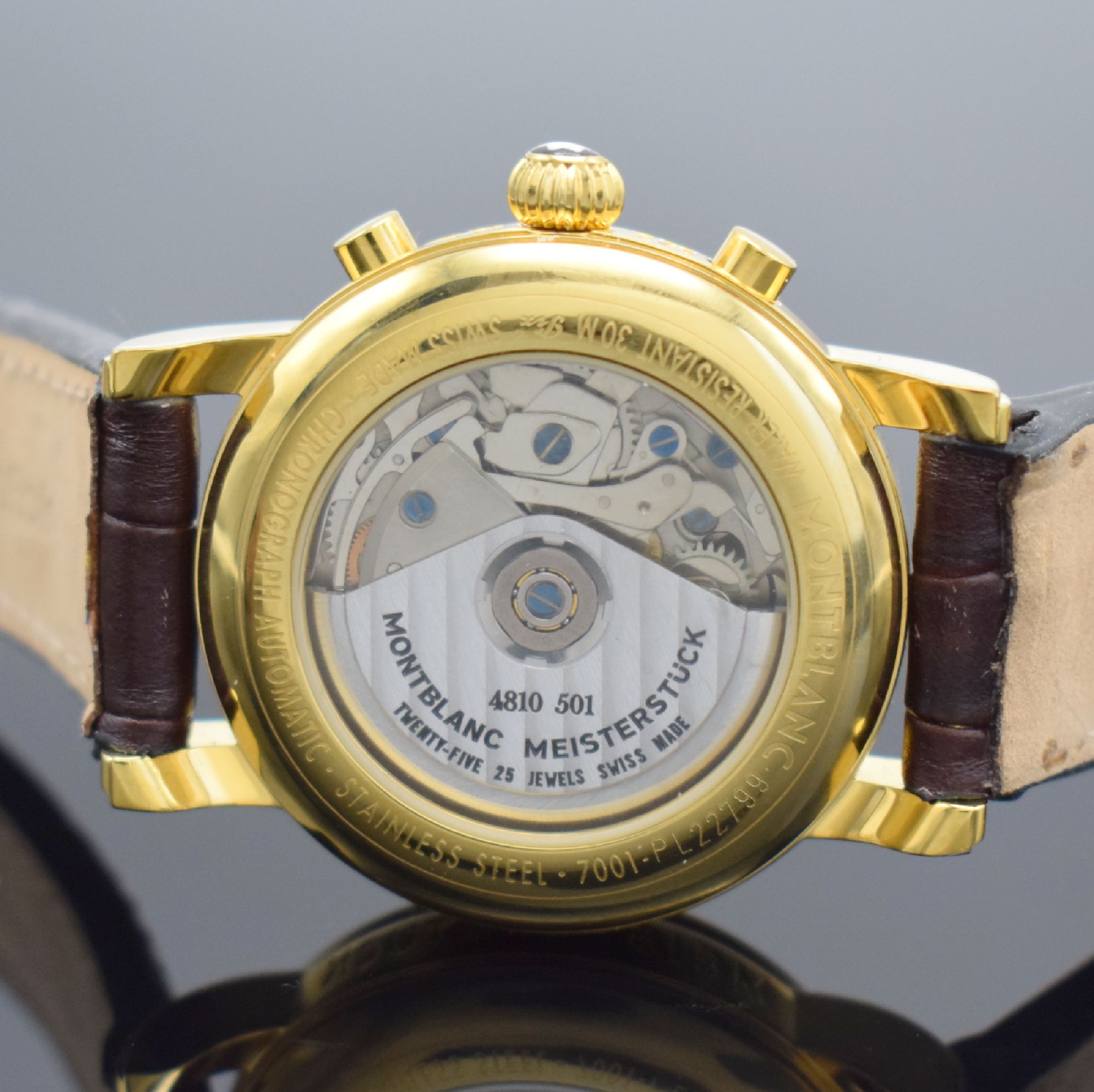Detail d: MONTBLANC Automatikchronograph Meisterstück Referenz 7001, Schweiz um 2005, verg. Edelstahlgeh. beids. vergl., Boden & Glasrand aufgedr., emailfarb. ...