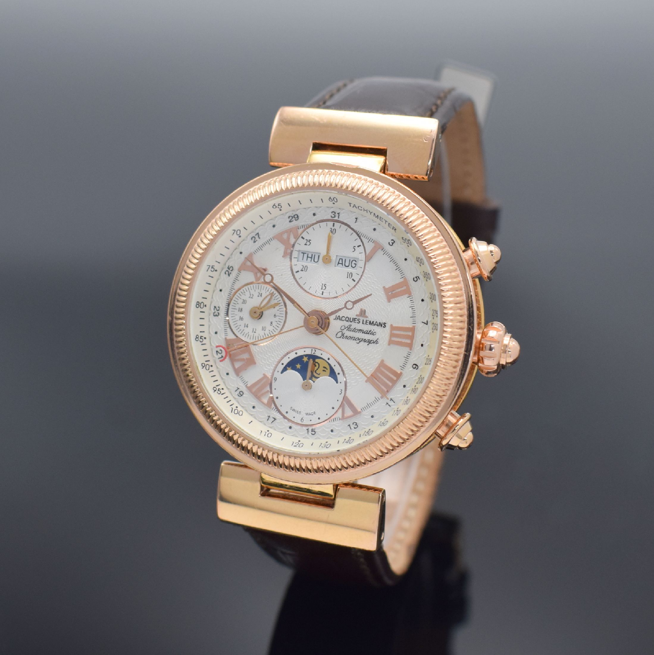 JACQUES LEMANS Chronographe Complique Herrenarmbanduhr mit Chronograph & Vollkalender, Schweiz um 2000, Automatik, rose verg. Geh. beids. vergl., ...
