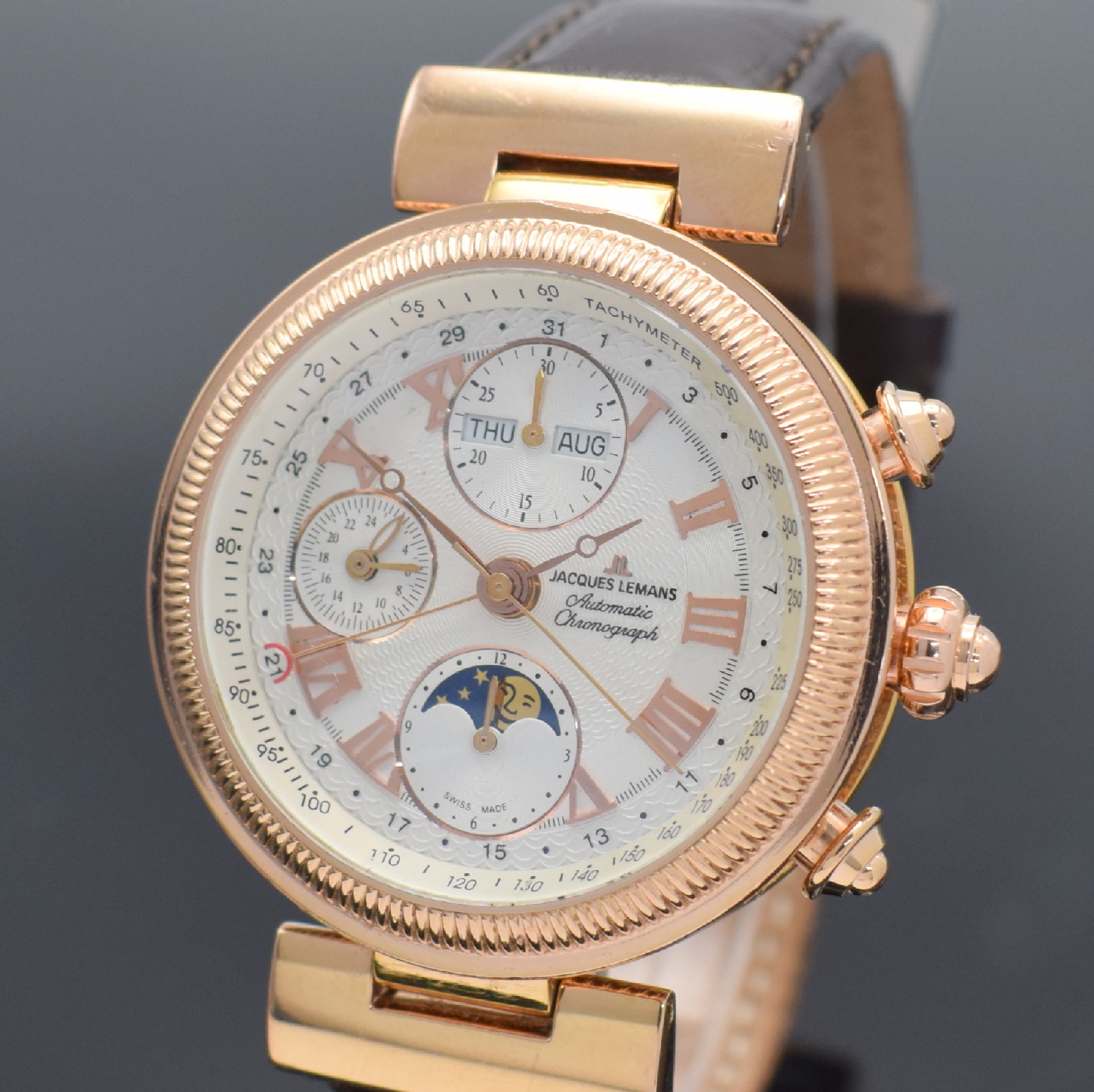 Detail a: JACQUES LEMANS Chronographe Complique Herrenarmbanduhr mit Chronograph & Vollkalender, Schweiz um 2000, Automatik, rose verg. Geh. beids. vergl., ...