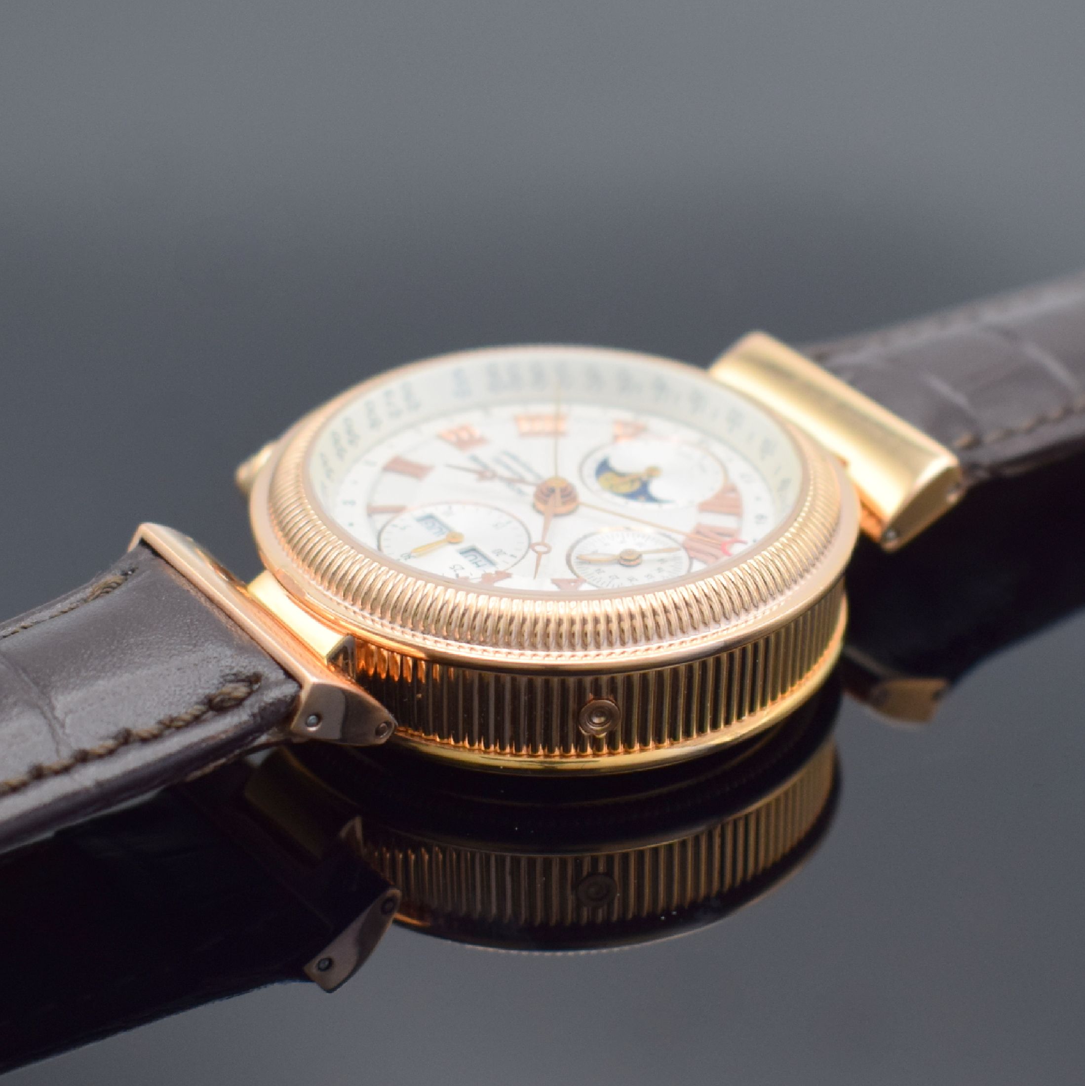 Detail c: JACQUES LEMANS Chronographe Complique Herrenarmbanduhr mit Chronograph & Vollkalender, Schweiz um 2000, Automatik, rose verg. Geh. beids. vergl., ...