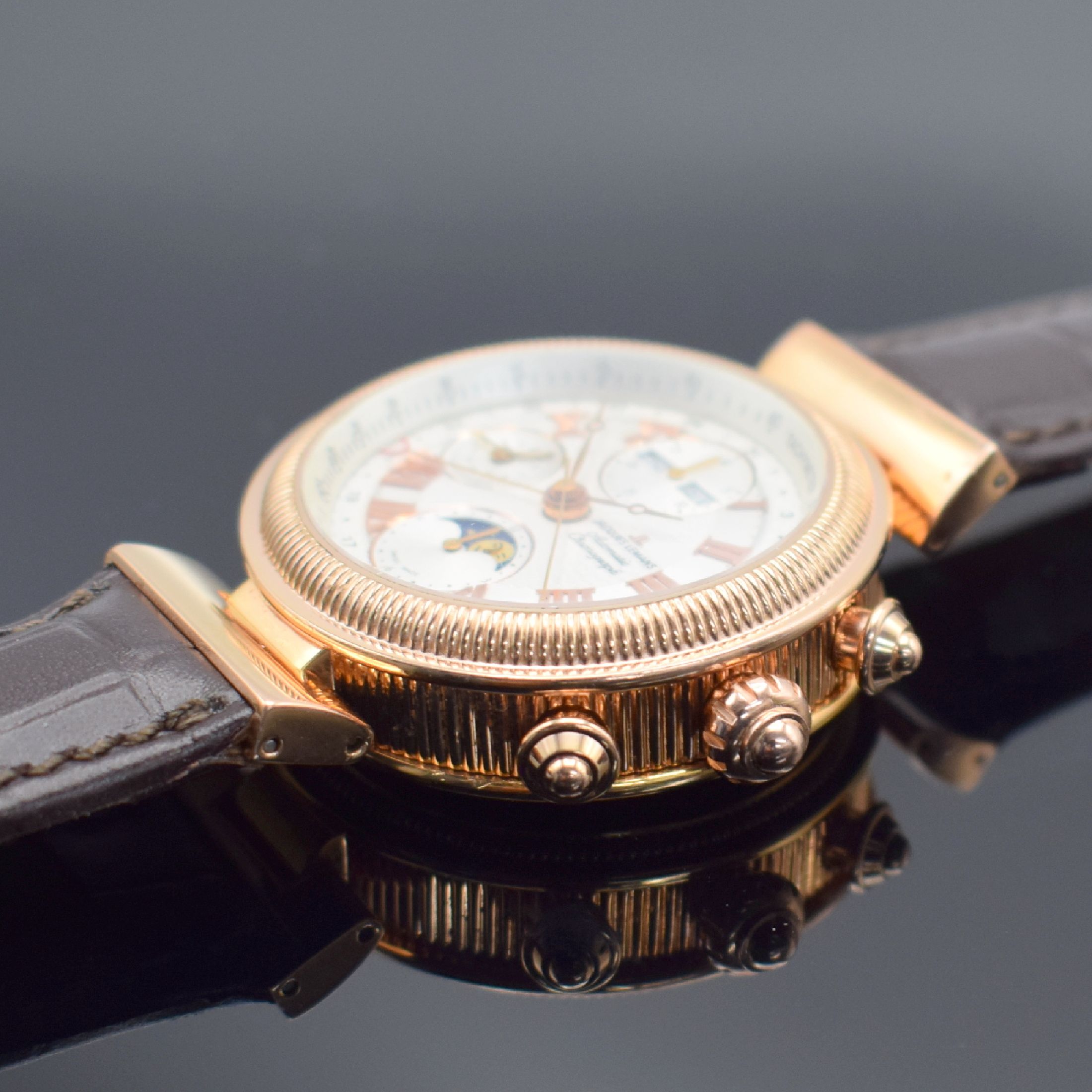 Detail d: JACQUES LEMANS Chronographe Complique Herrenarmbanduhr mit Chronograph & Vollkalender, Schweiz um 2000, Automatik, rose verg. Geh. beids. vergl., ...