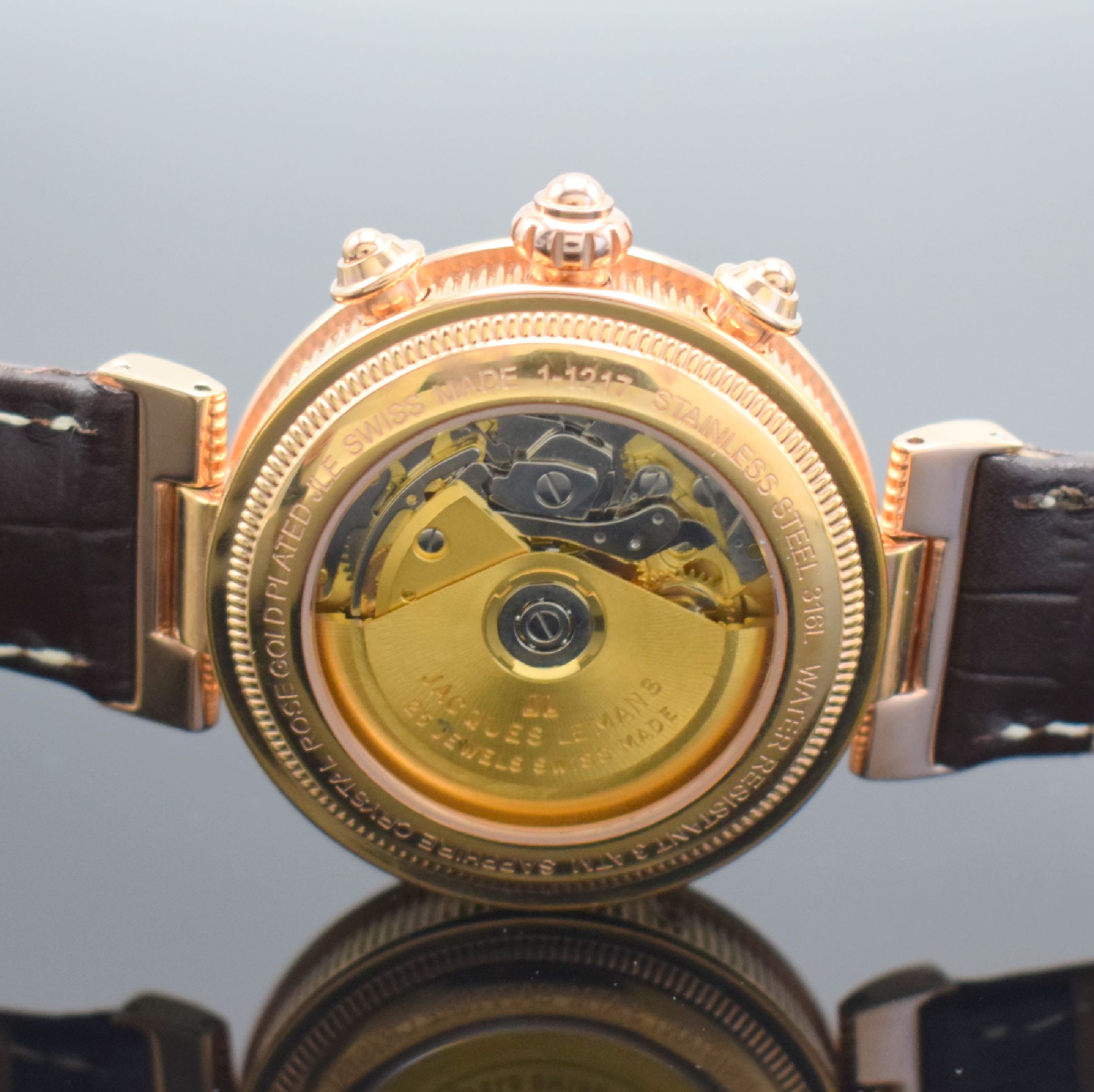 Detail e: JACQUES LEMANS Chronographe Complique Herrenarmbanduhr mit Chronograph & Vollkalender, Schweiz um 2000, Automatik, rose verg. Geh. beids. vergl., ...