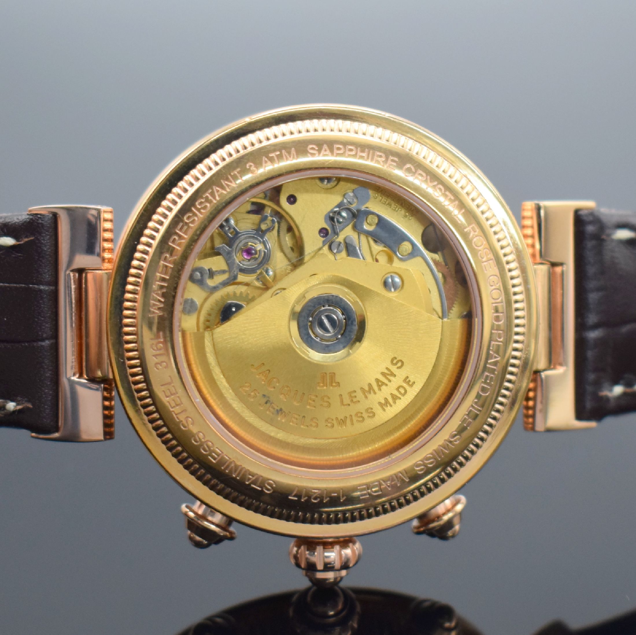 Detail f: JACQUES LEMANS Chronographe Complique Herrenarmbanduhr mit Chronograph & Vollkalender, Schweiz um 2000, Automatik, rose verg. Geh. beids. vergl., ...