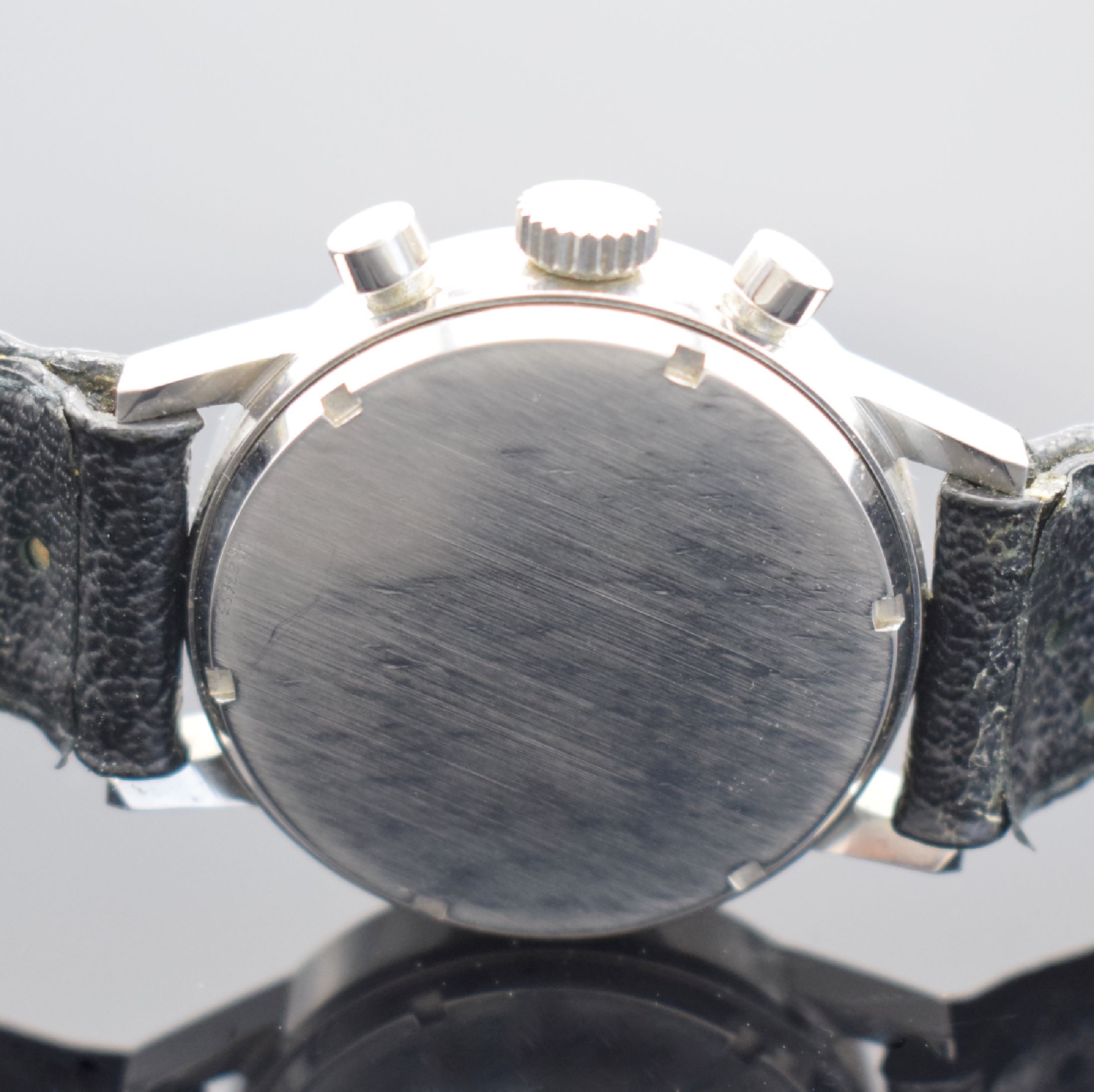 Detail c: HEUER seltener Armbandchronograph Referenz 73623, Schweiz um 1971, Handaufzug, Edelstahlgeh. inkl. Lederband m. Heuer Dornschl., Boden verschr., ...