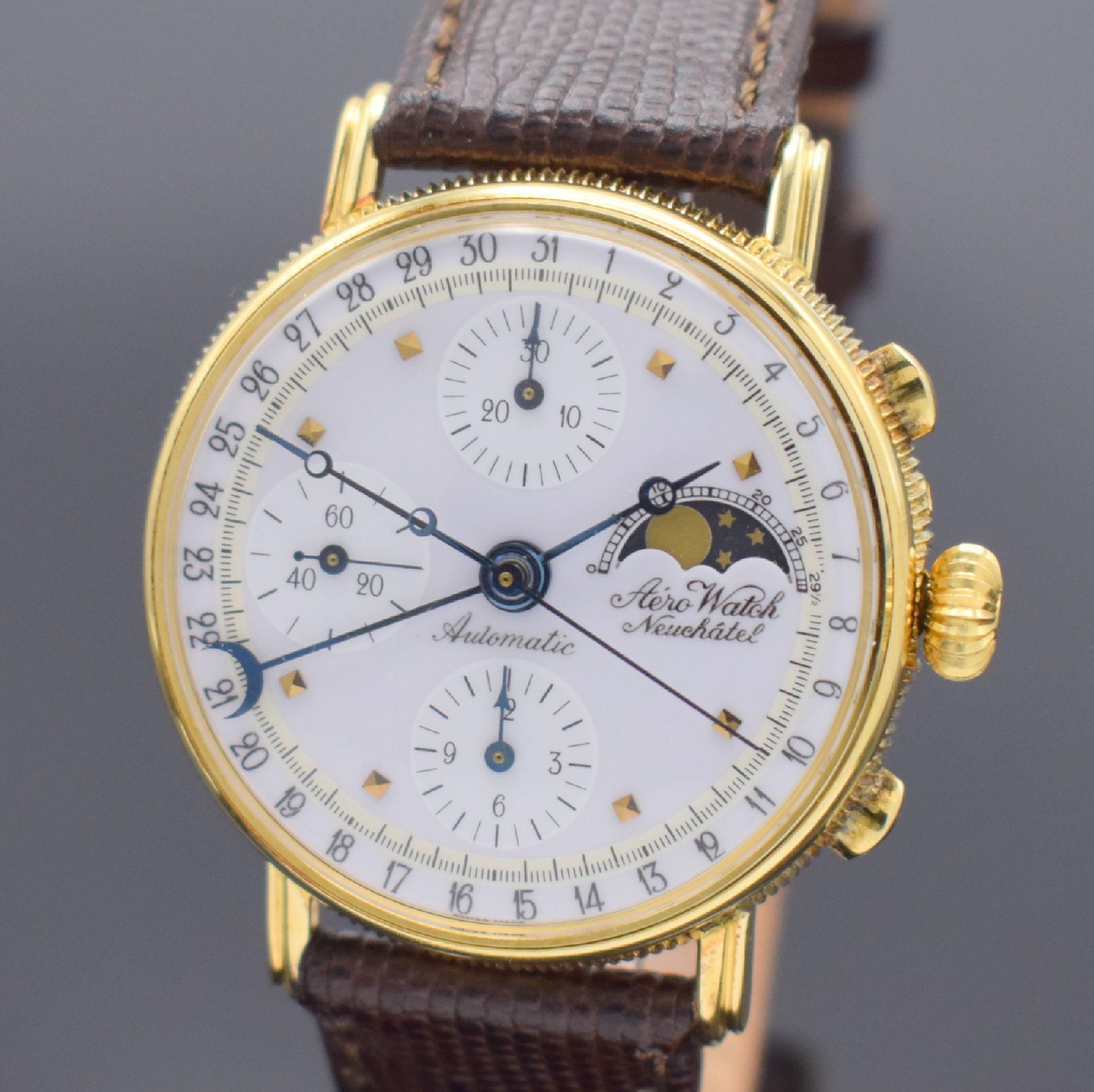 Detail a: AERO WATCH Neuchatel Herrenarmbanduhr mit Chronograph, Mondphase & Datum in GG 750/000, Schweiz um 1990, Automatik, 3-teil. Geh., Boden & Glasrand ...