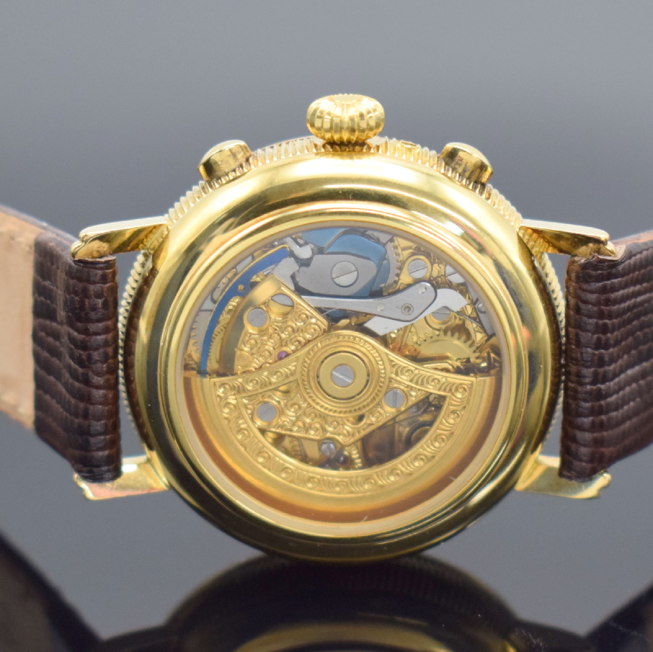 Detail c: AERO WATCH Neuchatel Herrenarmbanduhr mit Chronograph, Mondphase & Datum in GG 750/000, Schweiz um 1990, Automatik, 3-teil. Geh., Boden & Glasrand ...