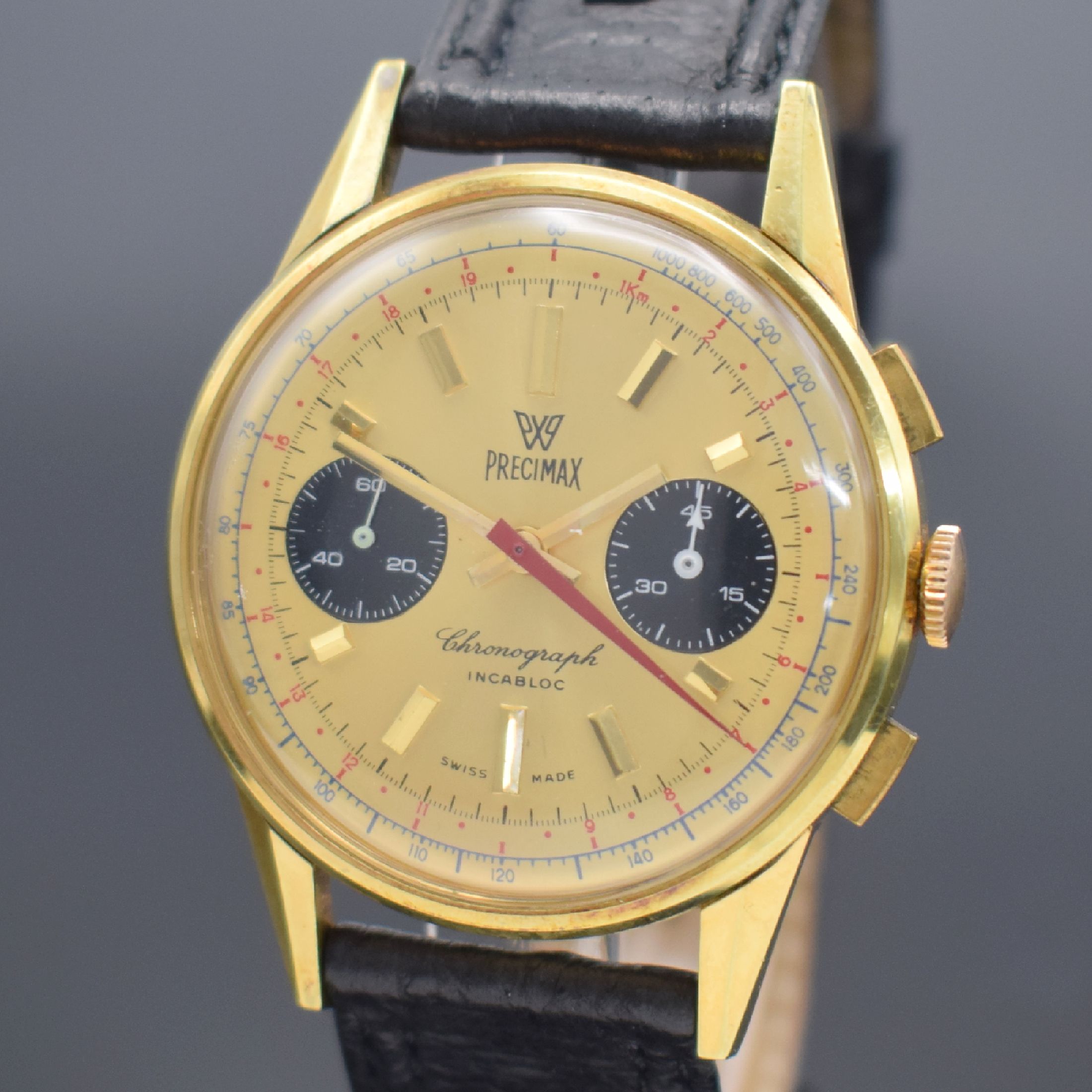Detail a: PRECIMAX Armbandchronograph, Schweiz um 1968, Handaufzug, verg. Gehäuse, Edelstahlboden aufgedr., gold. Zifferbl. m. aufges. Std.-Ind., gold. ...